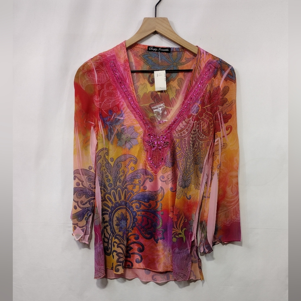 NWT Simply Irresistible Floral Sheer Top Women's M Multicolor Retro 90s